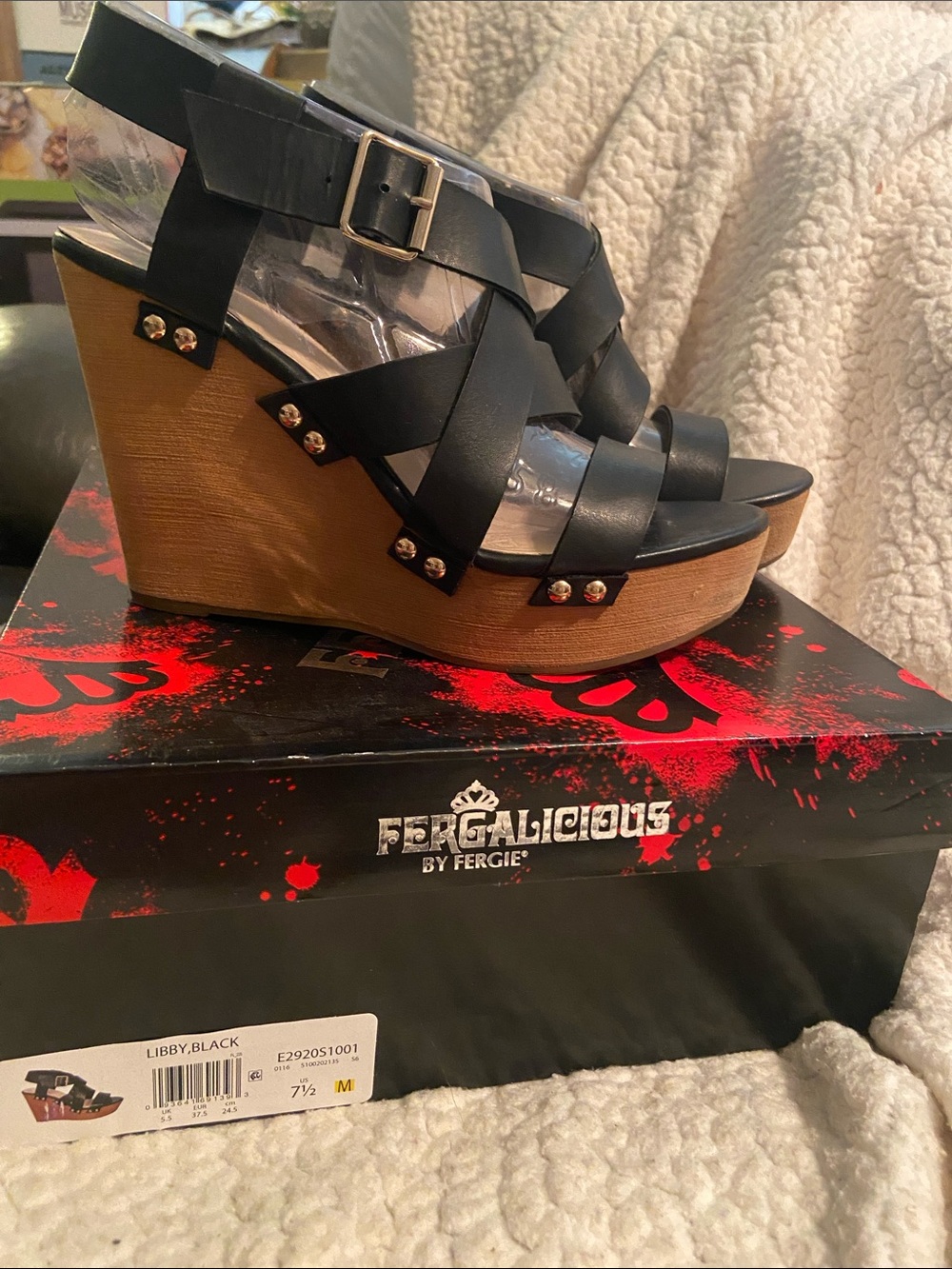 Fergalicious Black Strappy Wood-Look Wedge Sandals